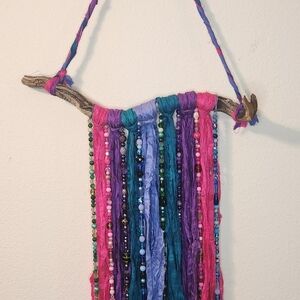 Boho Silk Sari Ribbon and Glass Bead Wall Hanging/Wind Chime